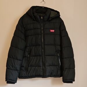 Levi's Black Quilted Hooded Puffer Jacket with Red Logo